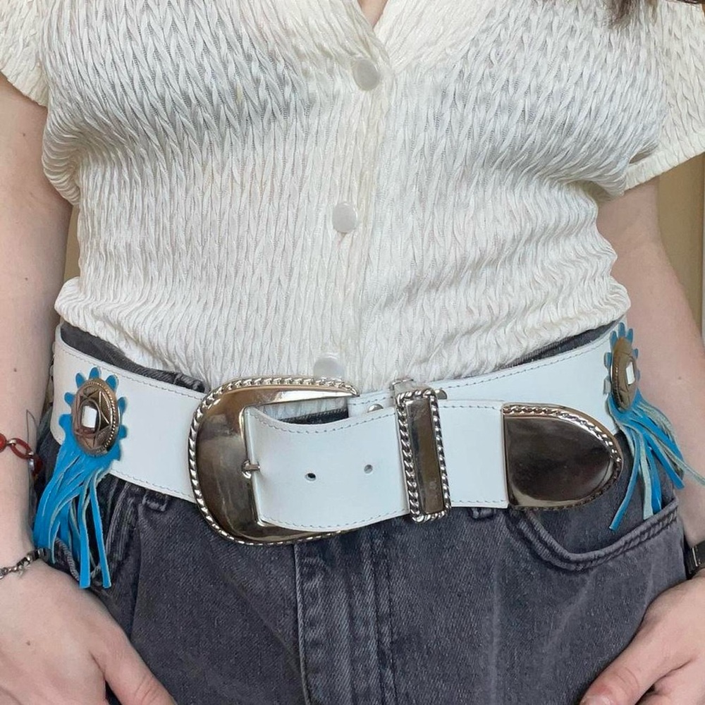 White and Silver Belt with Blue Accents